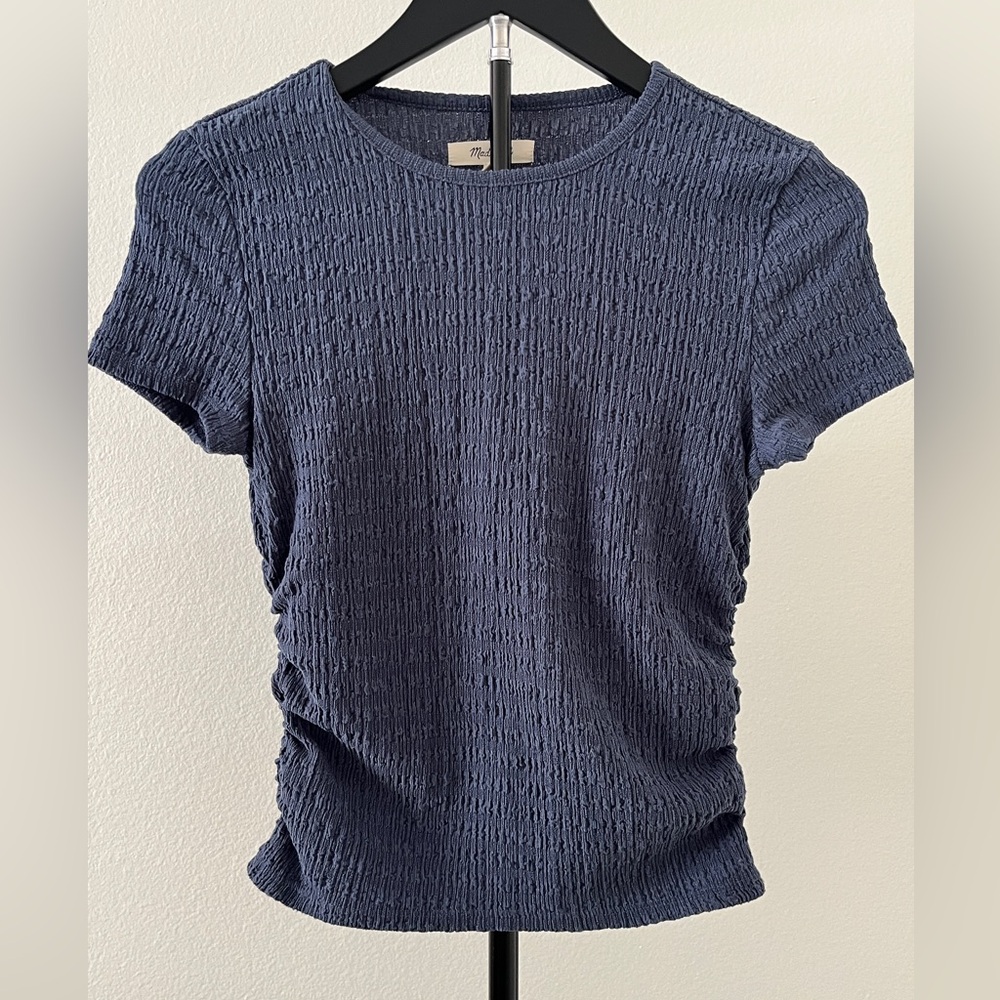 💙 Madewell Indigo Blue Textured Ruched Top |  Fitted Tee Stretchy Chic | XS